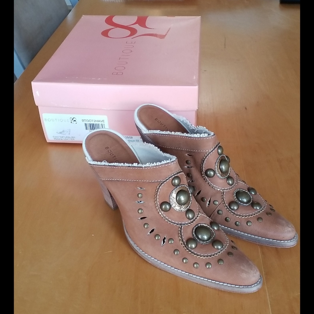 Boutique 58 leather mules with metal button detail